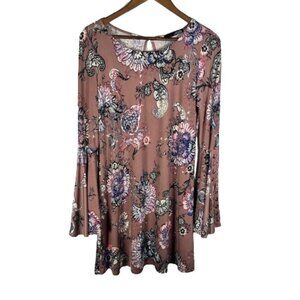 Arielle Womens Paisley Boho Style Dress Size Medium Long Bell Sleeves Mauve Pink